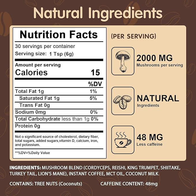 Mushroom Coffee 6 Adaptogenic Mushrooms with Lion's Mane Cordyceps Turkey Tail &amp More Instant Mushroom Coffee for Focus Energy Immune &amp Digestion Support