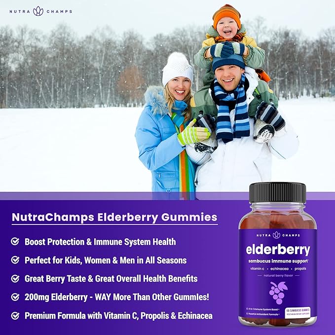 NutraChamps Elderberry Gummies Sambucus Elderberry Gummies for Adults &amp Kids Vitamin C Propolis &amp Echinacea Max Strength Immune Support Gummies Natural Berry Flavor 120 Gummies (Pack of