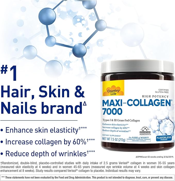 Country Life Maxi-Collagen 7000 Powder - Verisol Bioactive Collagen Peptides Vitamin C A &amp Biotin 4500 mg Types I &amp III Grass-Fed Collagen - Supports Skin Hair Nails &amp Joint Health