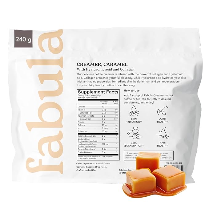 Fabula Collagen Creamer for Coffee with Hyaluronic Acid MCT Oil made with Organic Coconut Milk Caramel Flavored Non Dairy Sugar Free Creamer 8.5 Oz