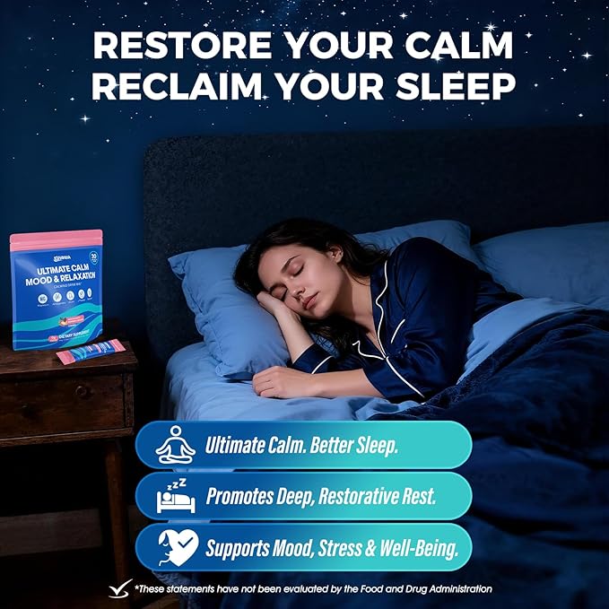 Ultimate Calm Super Cortisol Reducer Supplement Drink - Sleep Aid Magnesium Glycinate Powder Ashwagandha L Theanine Holy Basil Vitamin D3 Supports Relax Focus Mood No Sugar Mixed Flavor 30ct