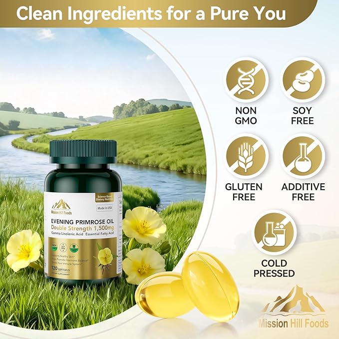 1500mg Evening Primrose Oil Capsules for Women | 240mg High GLA (16%) for Hormonal Balance &amp Skin Health (1 Bottle-120 Softgels-2mo Supply) Menopause Supplements | Non-GMO Gluten-Free Cold Press