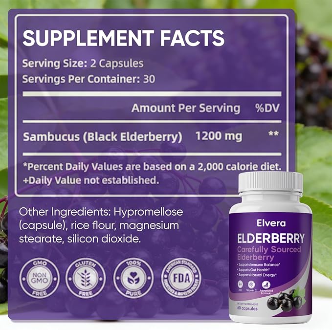 Elvera Elderberry Elvera Gut Support Complex1200 mg Sambucus Elderberry Extract Zinc + Vitamin C Advanced FormulaDigestive Wellness &amp Boost Energy 60 Capsules
