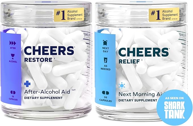 Cheers R&ampR Combo | Restore + Relief | Feel Better After Drinking &amp Support Your Liver | DHM L-Cysteine Milk Thistle Ginger White Willow Bark Caffeine L-Theanine | 12 Doses Each | Supplem