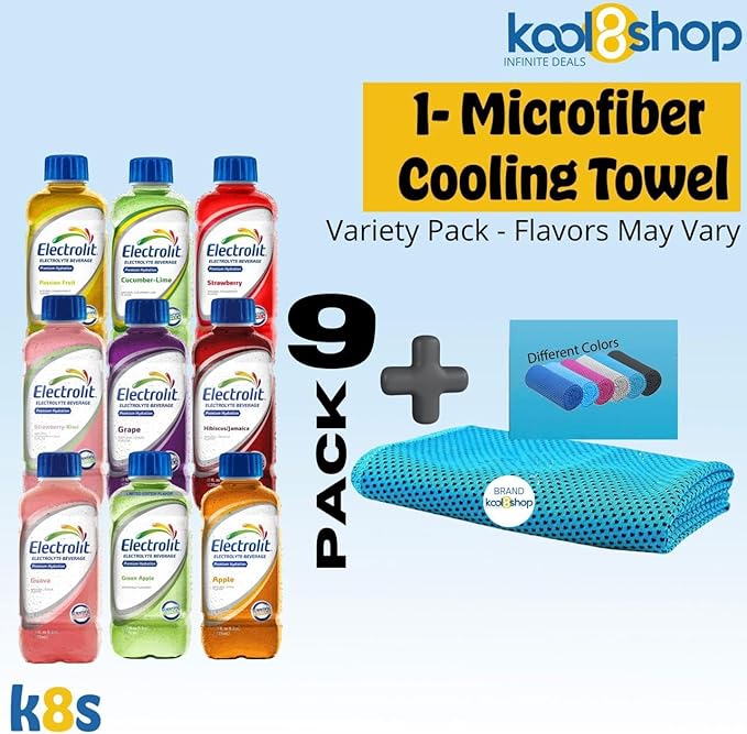 Electrolit Variety Pack Flavors May Vary Hydration Drink with Electrolytes 21 fl oz Plastic Bottles 9 Pack + 1 Microfiber Cooling Towel by KOOL8SHOP Infinite Deals