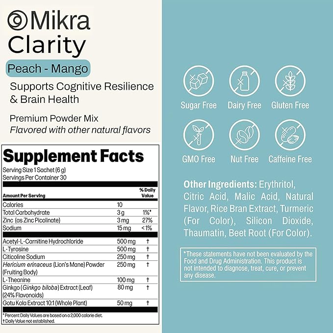 Mikra Clarity Nootropic Focus Drink Mix - Daily Cognitive &amp Calm Support Formula with Citicoline Lion’s Mane &amp L-Theanine - Calm Drink Mix &amp Focus Aid for Energy and Clarity - 14 Single-S