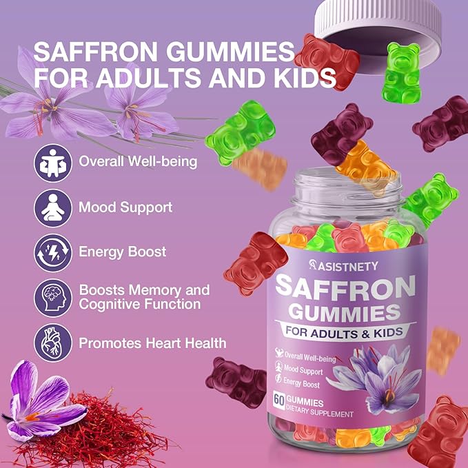 Saffron Gummies for Kids &amp Adults 88.5mg Saffron Extract Cαlm Focus &amp Mood Support Saffron Supplement with L-Theanine St.John's Wort Lemon Balm Vitamin D3 Magnesium Gentle Nerve &amp