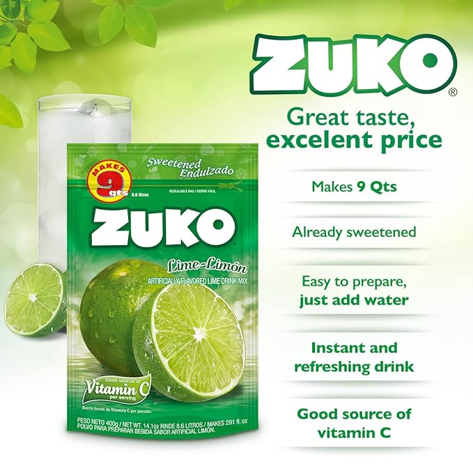 Zuko Lime-Limon Instant Powder Drink | Family Pack | No Sugar Needed | Vitamin C | 14.1 Ounce (Pack of 6)