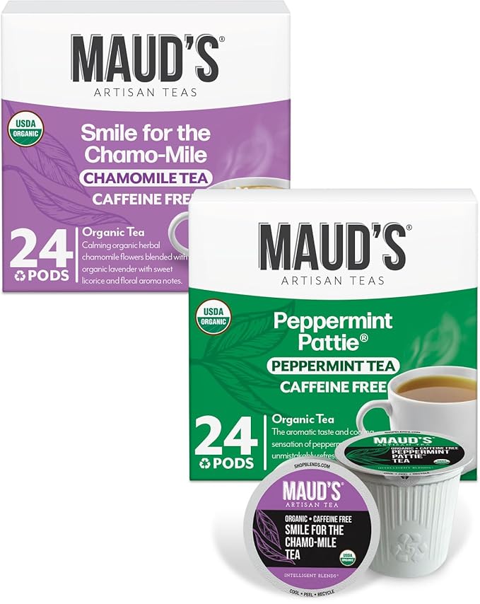 Maud's Organic Chamomile Lavender &amp Organic Peppermint Tea Bundle 48 ct Single Serve Pods – 100% Gourmet Blended Tea Leaves Compatible with Keurig K Cups Maker