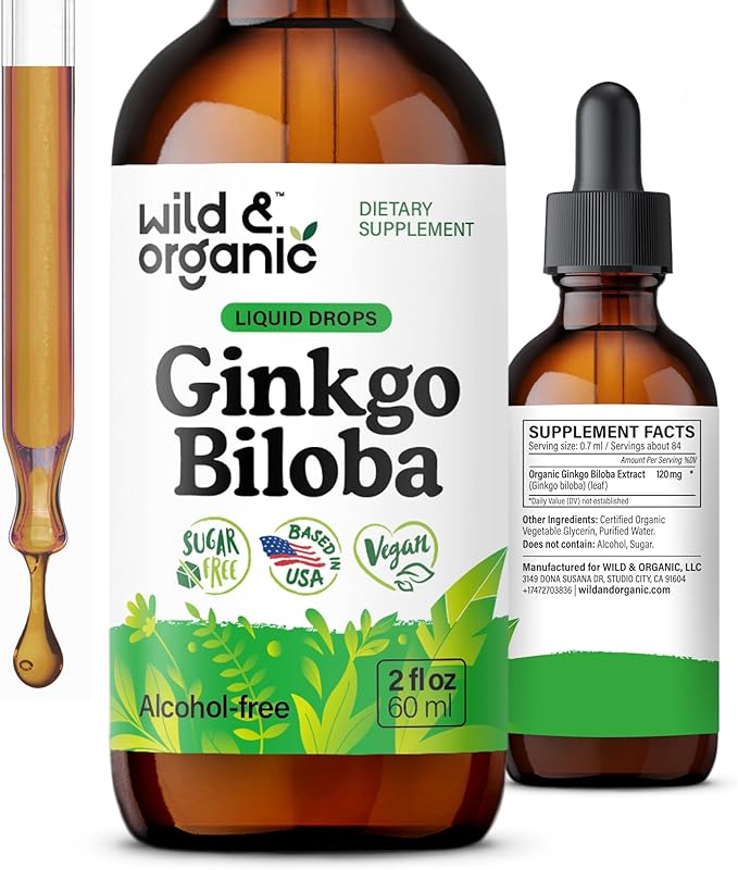 Wild &amp Organic Ginkgo Biloba Tincture - Brain &amp Focus Support with Ginkgo Leaf Supplement - Vegan Sugar &amp Alcohol-Free Herbal Extract Tincture - 2 fl oz