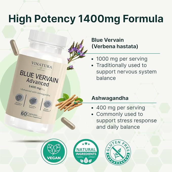 VINATURA Blue Vervain Advanced with Ashwagandha - 1400mg per serv Blue Vervain Capsules Blue Vervain Tea Alternative Brain Health Stress Relief Ashwagandha Supplements - 60 Capsules