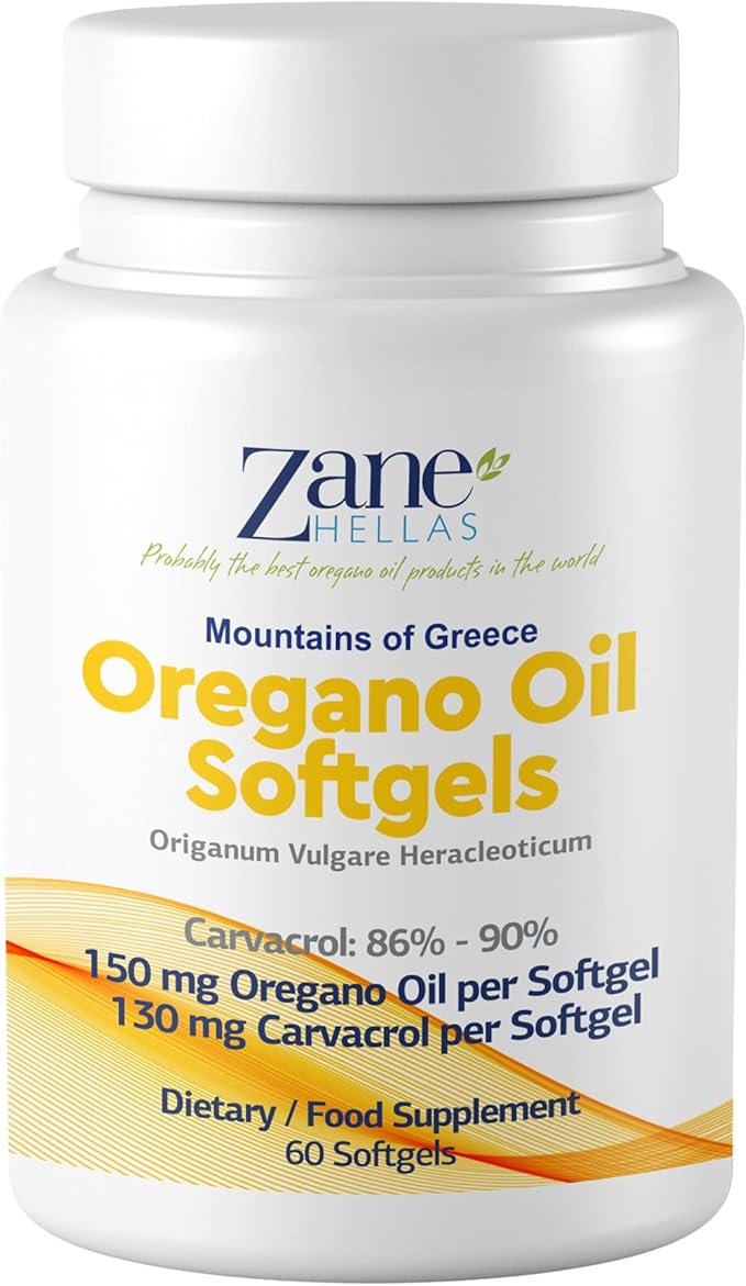 Zane Hellas 130 mg Carvacrol - 150 mg Oregano Oil per Softgel. World Highest Concentration Oregano Oil Capsule. Softgel Contains 30% Greek Essential Oil of Oregano. 60 Softgels.