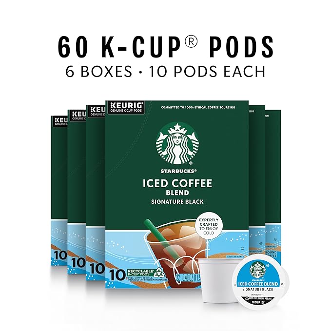 Starbucks K-Cup Coffee Pods Medium Roast Iced Coffee Blend Signature Black for Keurig Brewers 100% Arabica 6 Boxes (60 Pods Total)