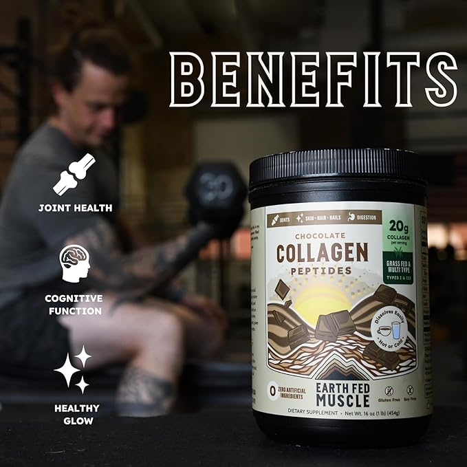 Earth Fed Muscle Chocolate Collagen Peptides Powder – Grass Fed Hydrolyzed Collagen for Women &amp Men - Healthy Bones Skin &amp Hair - Types 1 &amp 3 Collagen Powder 20g Per Serving 19 Servings
