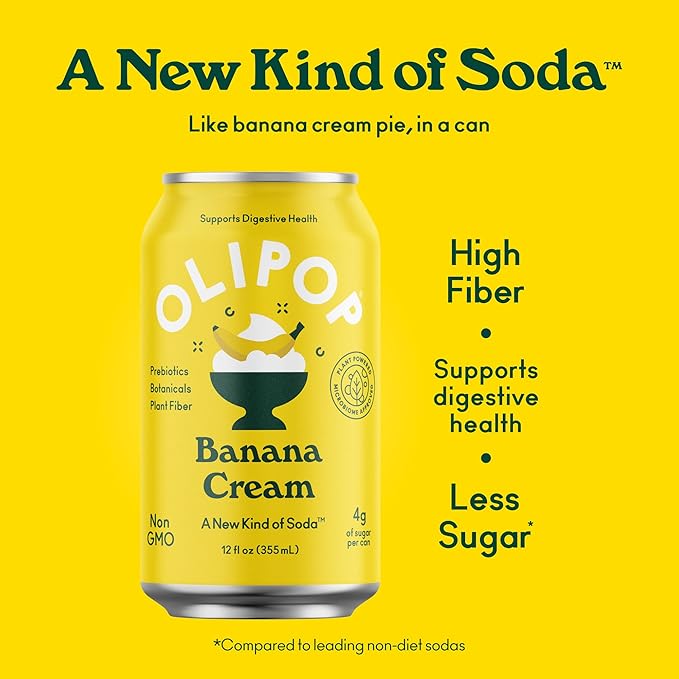 OLIPOP Prebiotic Soda Pop Banana Cream A New Kind of Soda Packed with Prebiotics Fiber and Botanicals Gluten Free GMO Free 12oz (12-Cans)
