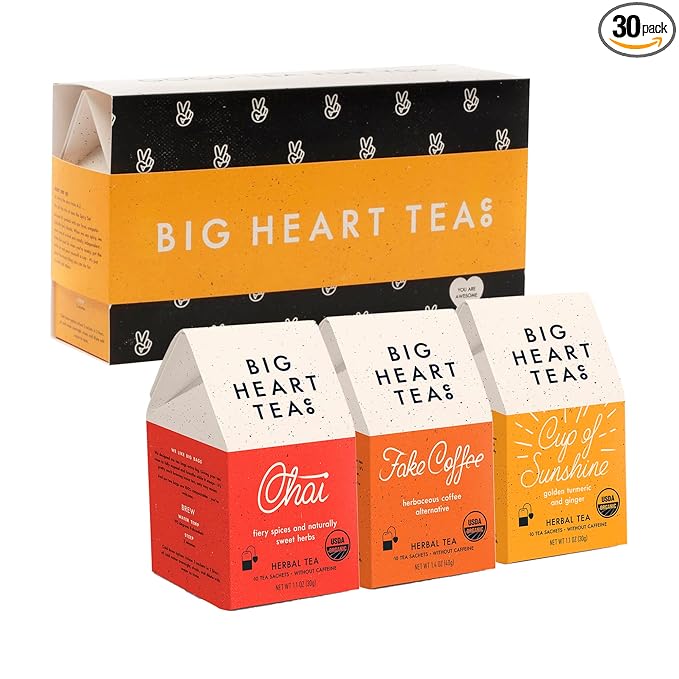 Big Heart Tea Co. Spicy Tea Bags Gift Set - Certified Organic Ayurvedic Herbal Tea - Small Batch Ground Herbs Spices in Zero Plastic Sachets - Healthy Tea Variety Box - 3 Flavors 30 Pack