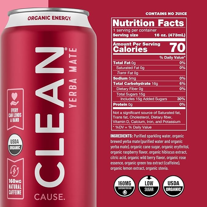 NEW! CLEAN Cause Non-Carbonated Low Calories Low Sugar &amp Zero Calorie Zero Sugar Variety Packs USDA Organic Yerba Mate Tea (15.5oz cans 3-12-Pack Case) 160mg Caffeine