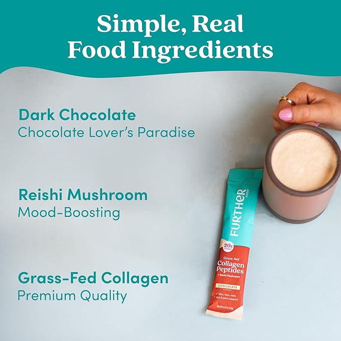 Further Food Chocolate Collagen Peptides Powder with Reishi Mushroom - 100% Grass-Fed Hydrolyzed Type 1 &amp 3 20g of Collagen per Serving Supports Skin Hair Nails &amp Joints Stick Packs 9.7