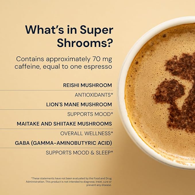Blueprint Bryan Johnson Super Shroom Coffee – Mushroom Coffee with Lion’s Mane Reishi &amp GABA – 70mg Caffeine – Focus &amp Energy Coffee – Adaptogenic Coffee Alternative – 30 Servings