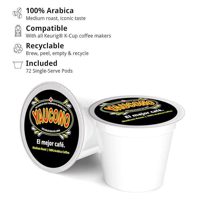 Yaucono Ground Medium Roast Arabica Coffee Single-Serve Pods 72 Count Compatible with Keurig K Cup Brewers
