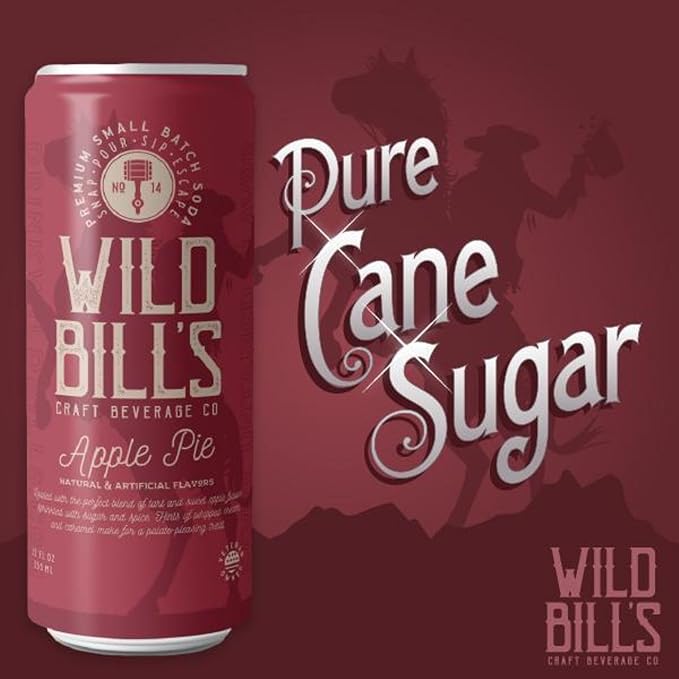 Wild Bill's Apple Pie Soda Classic Craft Soda Pop Soft Drinks Sodas Made with Pure Cane Sugar Caffeine Free NO High Fructose Corn Syrup Gluten Free Vegan Low Sodium 12 Oz 12 Pack