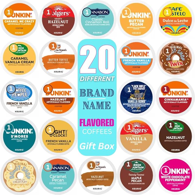 Brand Name Flavored Variety Pack Coffee Pods K Cup Sampler Gift Box - All the Top Brands and Many More - for Brewers -1 box (20 Unique Pods)
