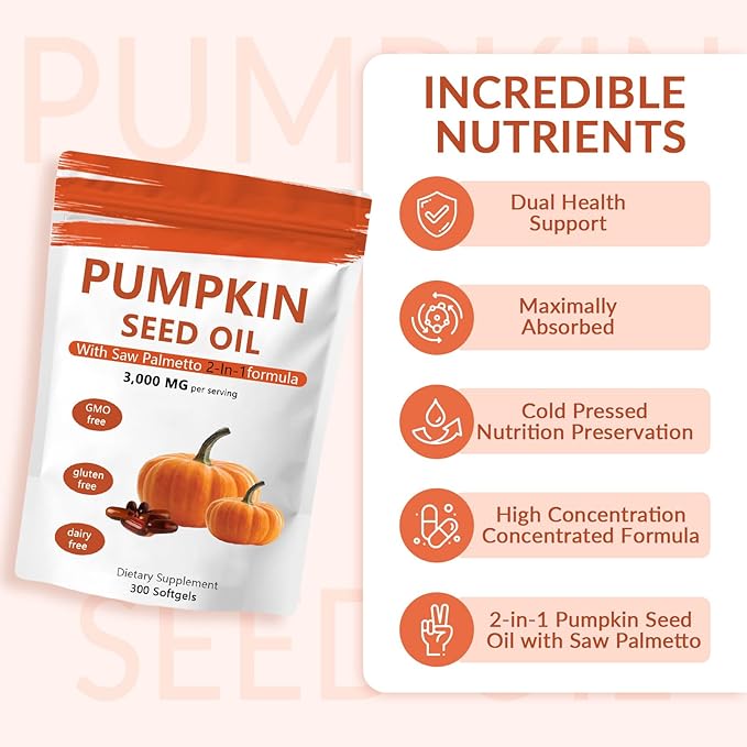 Pumpkin Seed Oil Capsules 2 in 1 Pumpkin Seed Oil with Saw Palmetto for Hair Growth 3000mg Per Serving Cold Pressed Supports Hair Heart Skin Supplement Non-GMO Gluten Free 300 Softgels