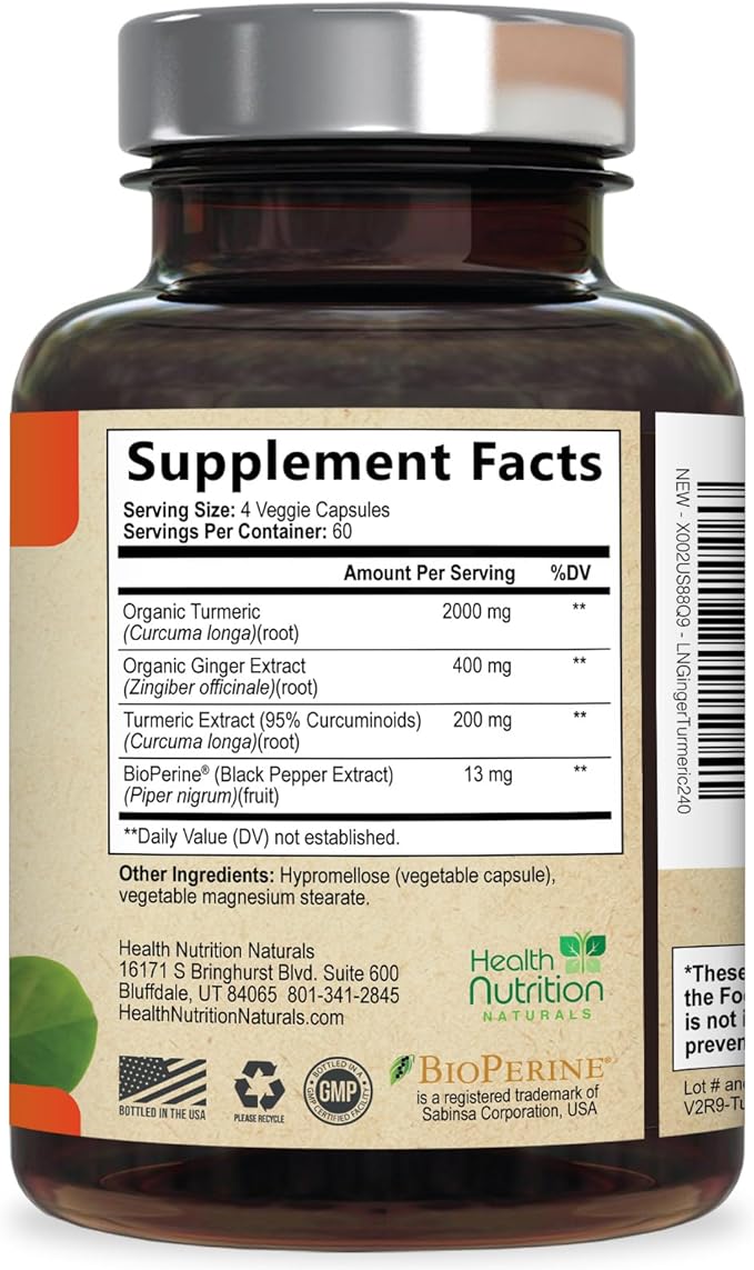 Turmeric Curcumin Supplement - 2000mg Organic Turmeric &amp 400mg Organic Ginger per Serving - 95% Curcuminoids &amp BioPerine Black Pepper for Best Absorption &amp Joint Support Bottled in USA -