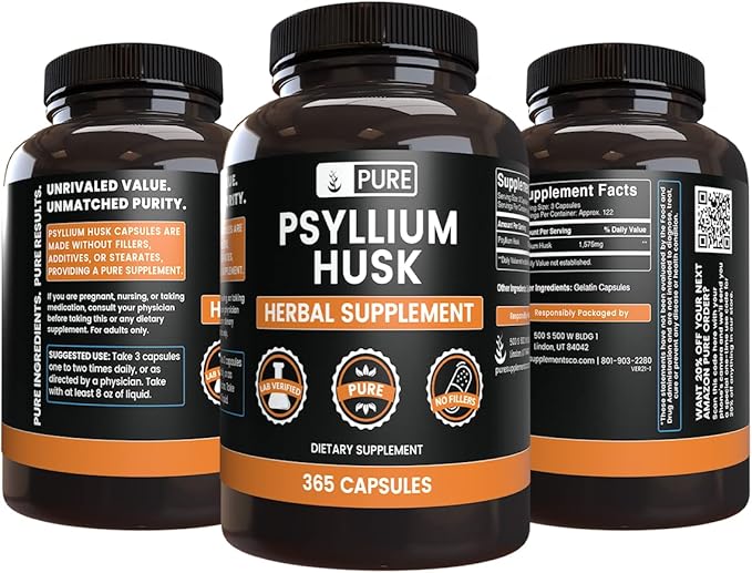 PURE ORIGINAL INGREDIENTS Psyllium Husk (365 Capsules) No Magnesium Or Rice Fillers Always Pure Lab Verified
