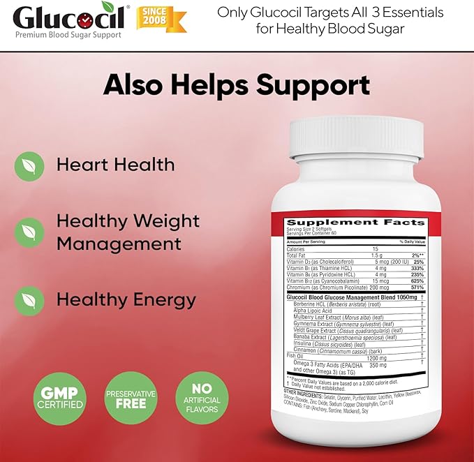 Glucocil – Softgels - Premium Blood Sugar Support - Over 2 Million Bottles Sold - Supports All 3 Blood Sugar Essentials - Since 2008 with Berberine Proprietary Mulberry Leaf and More 3-Pack