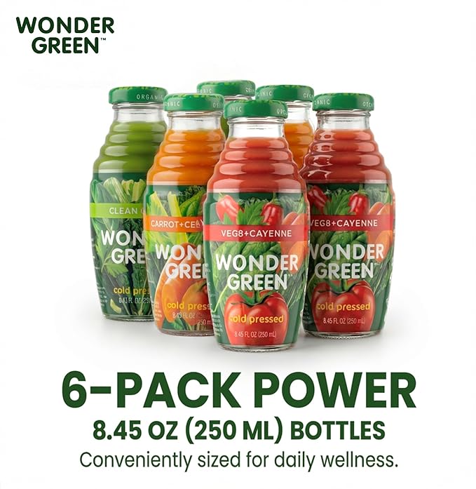 Wonder Green 100% Organic Cold Pressed Juice Variety Pack  8.45 oz (6 Pack) | 2 Veg8 + Cayenne 2 Clean Green 2 Carrot Celery Kale | Vegetable Juice Blend All Natural No Additives or Preservativ