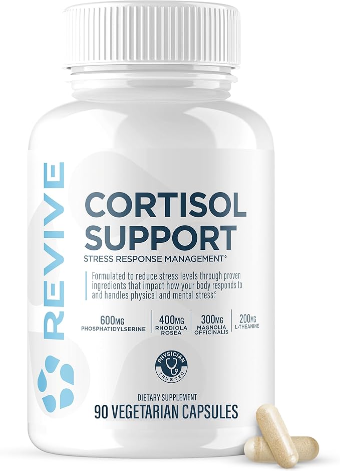 Revive MD Cortisol Manager 90 Vegetarian Capsules - Cortisol Supplement w/Magnesium &amp L-Theanine Support Health Focus Energy Fatigue &amp Adrenal Gland Function - Vegan &amp Gluten-Free (30