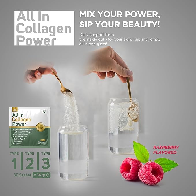 All in Collagen Power – Multi-Type Collagen Powder with Glucosamine &amp Hyaluronic Acid – Supports Joint Mobility Skin Elasticity – Raspberry Flavor – 30 Sachets