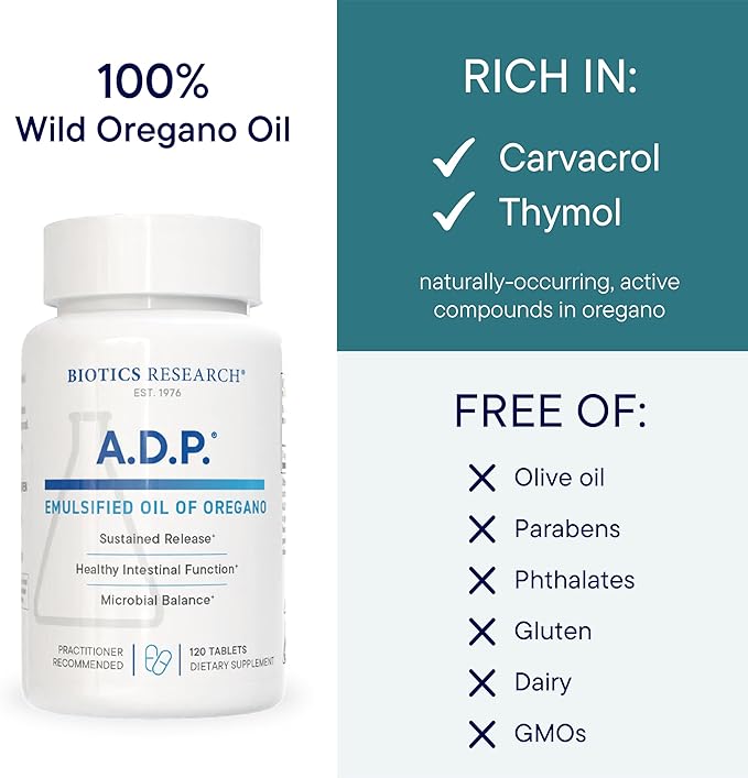 Biotics Research A.D.P. Emulsified Oil of Oregano Tablets for GI Health -Sustained Release for High Absorption Contains Carvacrol Wild Oregano Oil 50mg/S - Patented Formula -Non GMO –120 Tablets