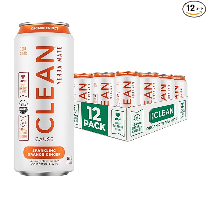 CLEAN Cause Zero Sugar Orange Ginger Yerba Mate Tea Sparkling USDA Organic Energy Drink Alternative Zero Calorie 160mg Natural Caffeine Soda Alternative Plant-Based (16oz cans 12-Pack Case)