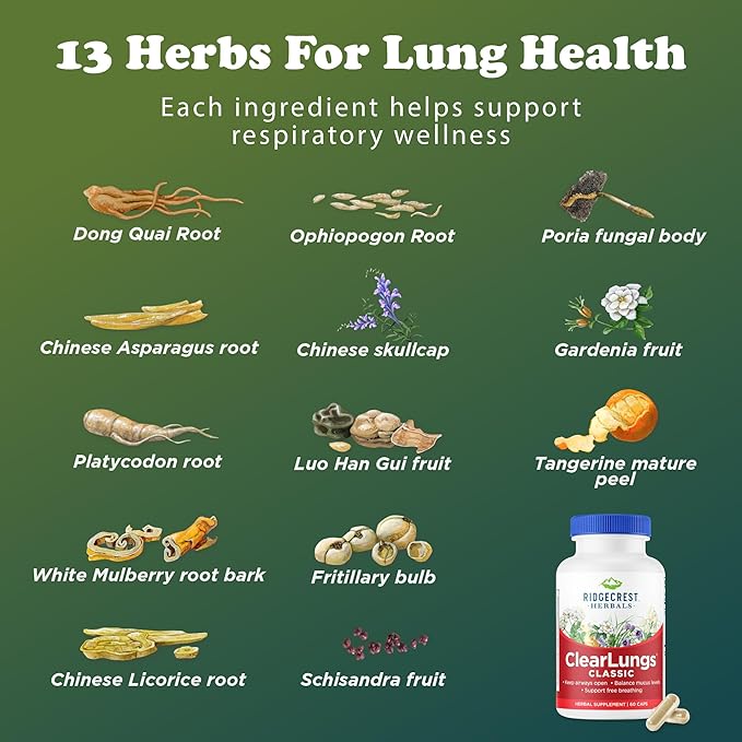 RidgeCrest Herbals ClearLungs Classic Daily Health Supplement Natural Lung and Nasal Wellness Formula for Bronchial Respiratory Immune Sinus and Mucus Support (60 Vegan Caps 30 Serv)