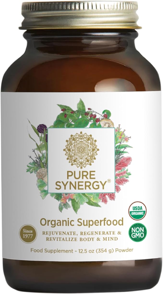 PURE SYNERGY Organic Superfood Powder | Green Superfood Powder | Whole Food Supplement with Organic Greens Spirulina and Mushrooms | for Energy Healthy Aging and Immune Health (12.5 oz)