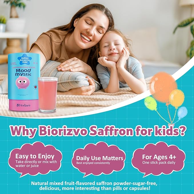 Saffron for Kids - Pixie Drink Mix Saffron Exact with GABA Magnesium &amp Vitamin D3 - Supports Mood Focus &amp Sleep Calms Temper Tantrums Fruit Punch Pixie Drink Sticks Mix for Kids 4+ Sugar-F