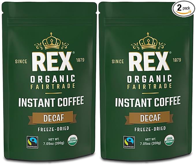 Rex Organic Fairtrade Natural Decaf Freeze-Dried Instant Coffee – Naturally Decaffeinated Arabica 7.05 oz (Pack of 2) Resealable Pouch Bag – Lab Tested for Mold &amp Mycotoxins