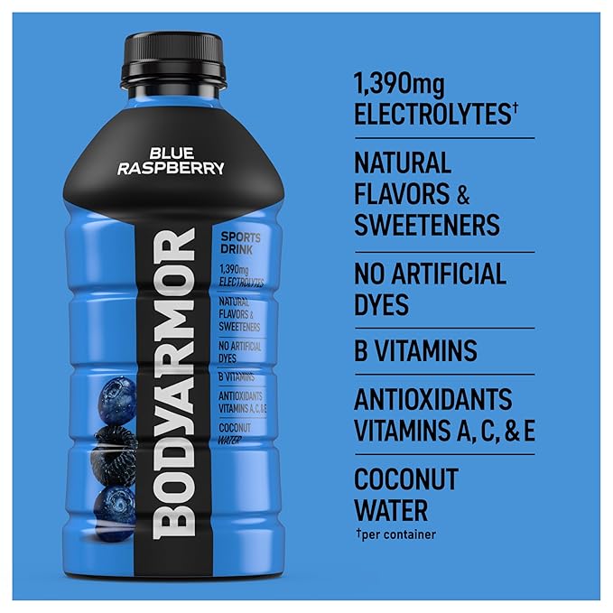 BODYARMOR Sports Drink Blue Raspberry Electrolyte Drink Hydration 28 Fl Oz Bottles (15 Pack) Flavored Coconut Water with B Vitamins &amp Antioxidants
