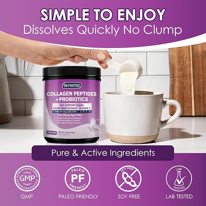 DRFOSTER Collagen Peptides Powder with Probiotics - Hydrolyzed Collagen Type I II III V X with Antioxidant Blend - Multi Collagen for Women Support Skin Hair Nail Joints &amp Gut 35 Servings Non-GM