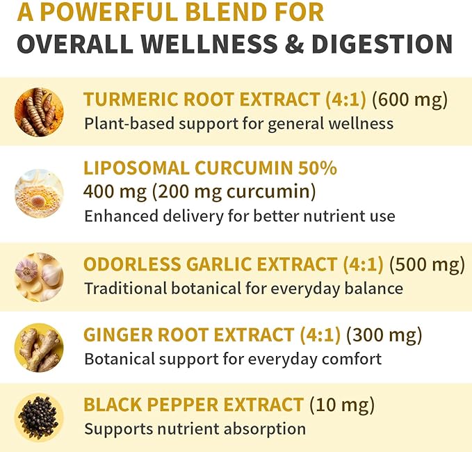 Liposomal Turmeric - High-Absorption Curcumin Supplements Non-GMO Blend for Digestive Comfort &amp Daily Support - Organic Turmeric Supplement with Black Pepper (120ct Pack of 4)