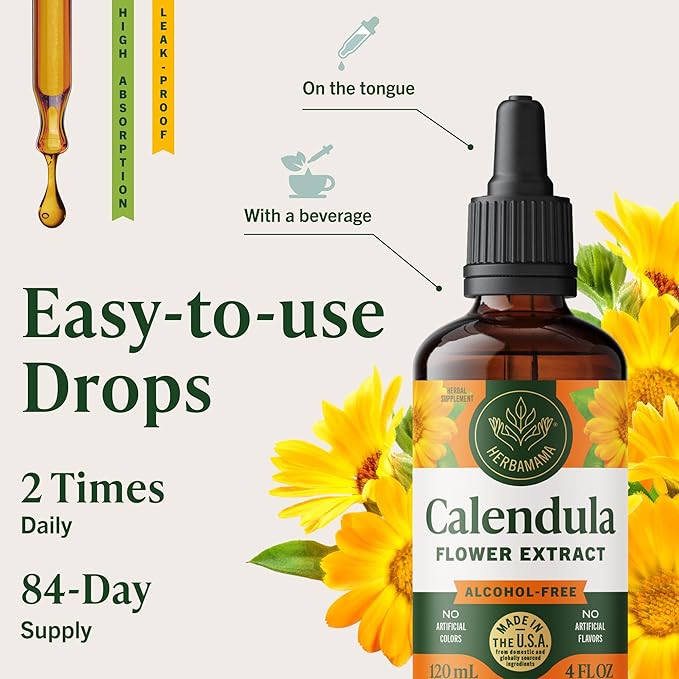 HERBAMAMA Calendula Tincture - Vegan Antioxidant &amp Detox Support with Calendula Herb Extract Drops - Non-GMO Alcohol &amp Sugar-Free Liquid Supplement 84-Day Supply