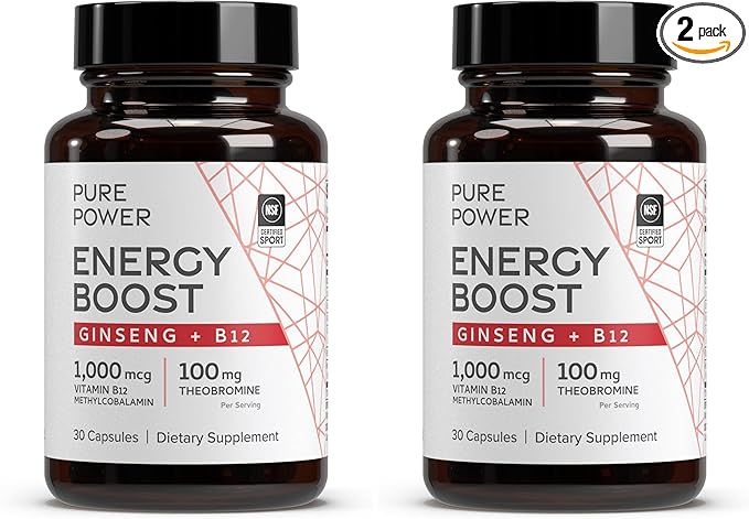 Dr. Mercola Pure Power Energy Boost 30 Servings (30 Capsules) Ginseng + B12 Dietary Supplement Boosts Physical &amp Mental Energy Non-GMO (Pack of 2)