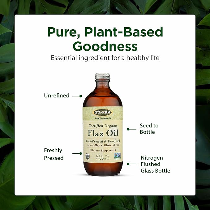 Flora Certified Organic Flax Seed Oil - Cold Pressed &amp Unrefined - Non-GMO Gluten-Free Kosher Omega Flax Oil Blend - Essential Fatty Acids for Wellness - Amber Glass Bottle - 17 oz