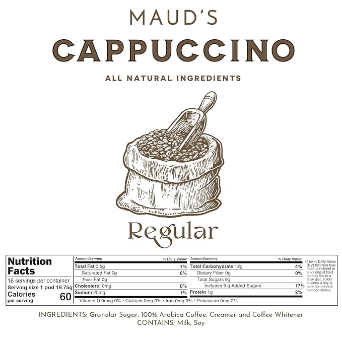 Maud's Classic Cappuccino Coffee Pods (Medium Dark Roast) 16ct. Solar Energy Produced Recyclable Single Serve 1 Step Cappuccino Pods 100% Arabica Coffee Milk and Sugar Included KCup Compatible