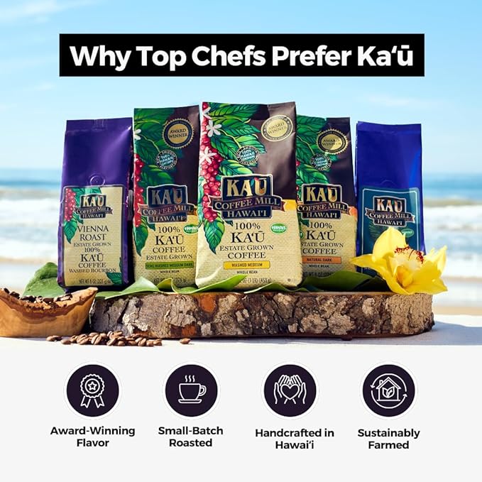 Ka'u Coffee Mill Vanilla Macadamia Nut Flavored Ground Coffee - Handcrafted Hawaiian Flavor Coffee Roast - Pure Kau Coffee - Handpicked Hawaii Grown Arabica Beans - Gourmet Small Batch Coffee - 10oz