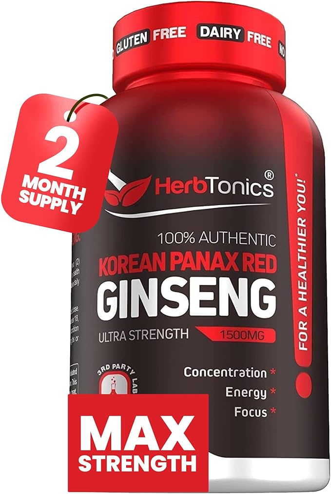 Herbtonics Korean Red Panax Ginseng 1500mg - Energy Supplement for Peak Performance Focus &amp Vitality - High Potency Ginseng Root Extract - 120 Vegan Capsules