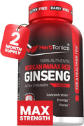 Herbtonics Korean Red Panax Ginseng 1500mg - Energy Supplement for Peak Performance Focus &amp Vitality - High Potency Ginseng Root Extract - 120 Vegan Capsules