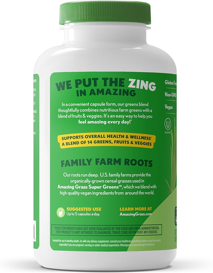 Amazing Grass Greens Blend Superfood Capsules: Super Greens with Organic Spirulina Chlorella Beet Root Powder Digestive Enzymes &amp Probiotics 150 Capsules (Packaging May Vary)
